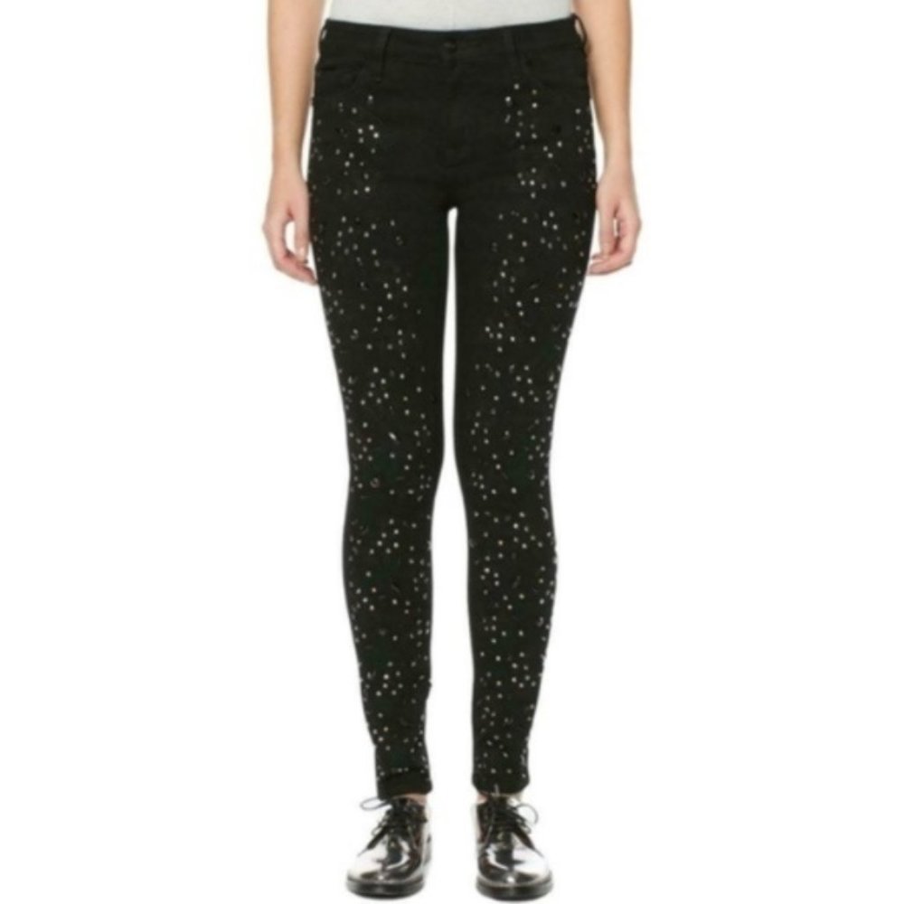Stunning Black Adorn With Embellishments Flat Front Skinny Jeans Size 29